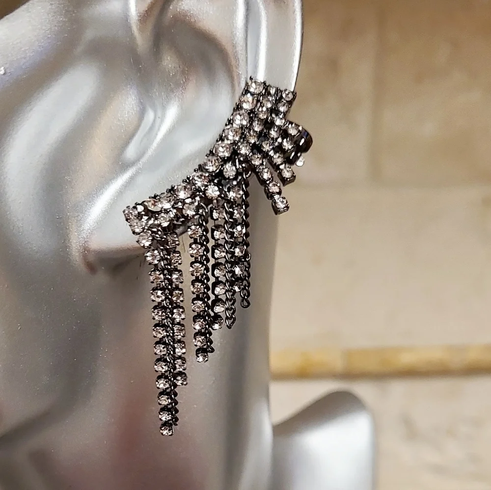 New Gunmetal Crystal Fringe Ear Climbers Earrings